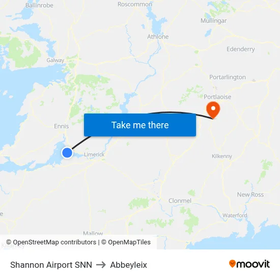 Shannon Airport SNN to Abbeyleix map