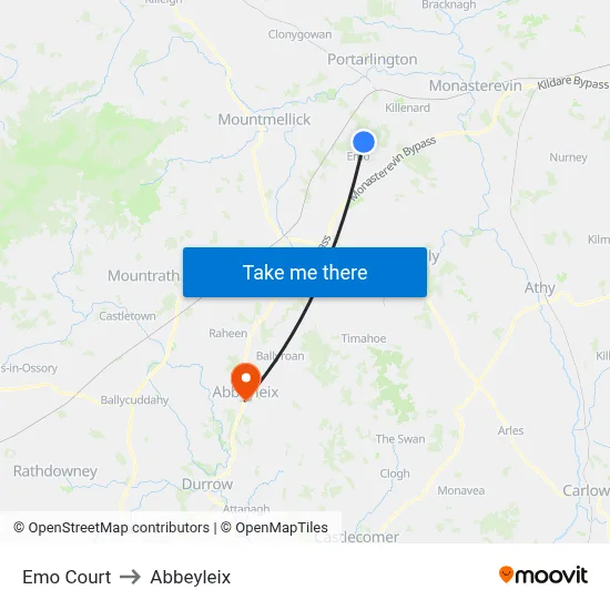 Emo Court to Abbeyleix map