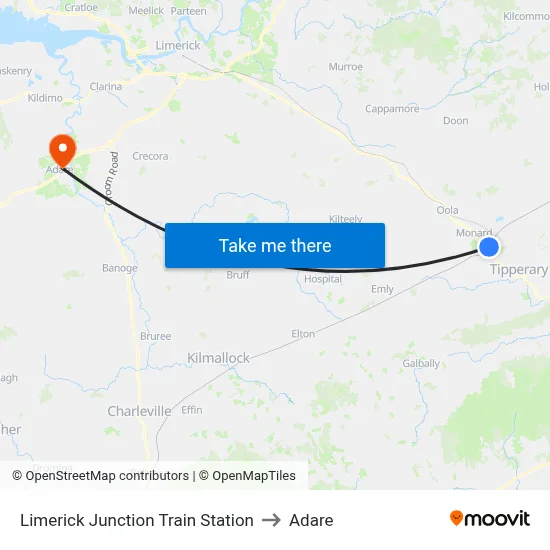 Limerick Junction Train Station to Adare map