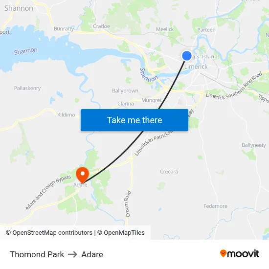 Thomond Park to Adare map