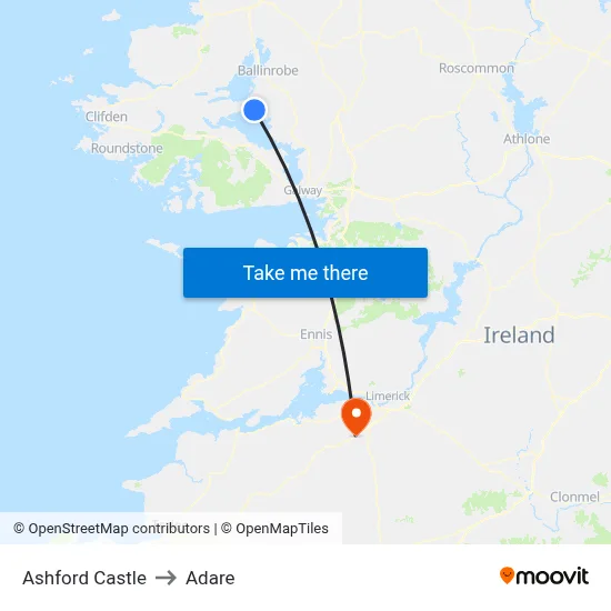 Ashford Castle to Adare map