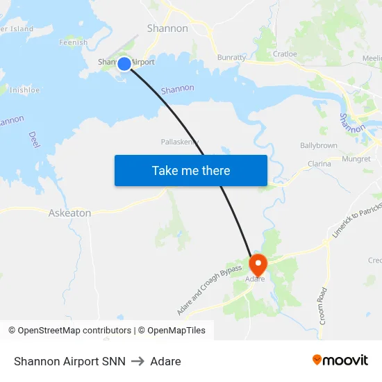 Shannon Airport SNN to Adare map