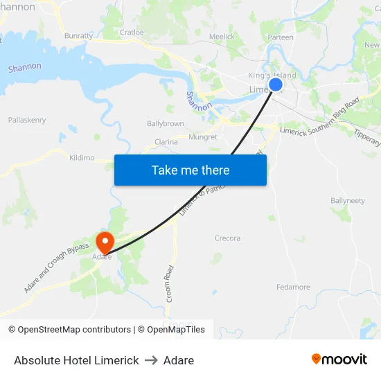 Absolute Hotel Limerick to Adare map