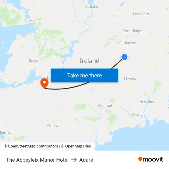 The Abbeyleix Manor Hotel to Adare map