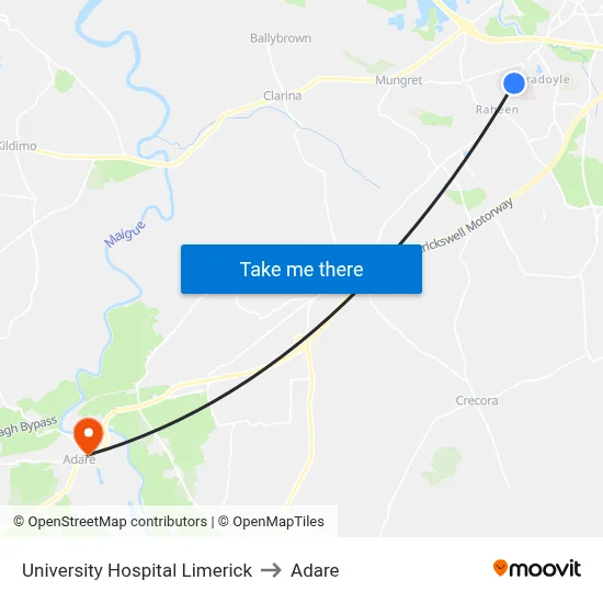 University Hospital Limerick to Adare map