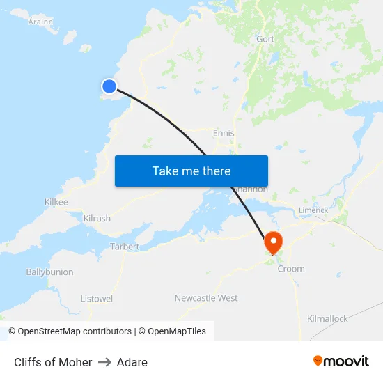 Cliffs of Moher to Adare map