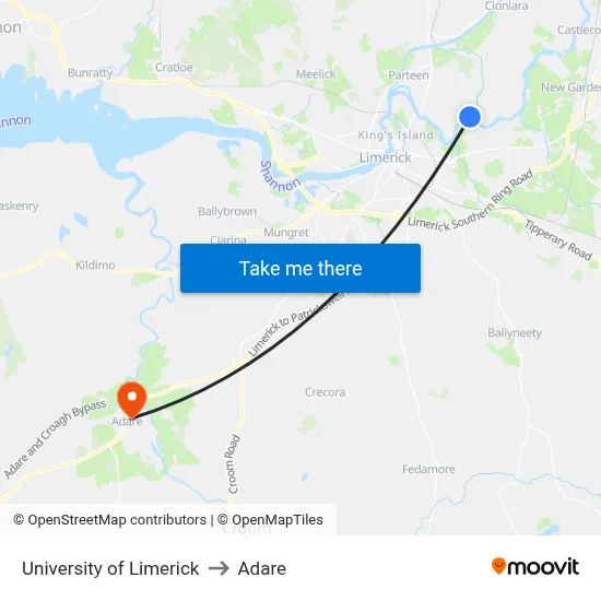University of Limerick to Adare map