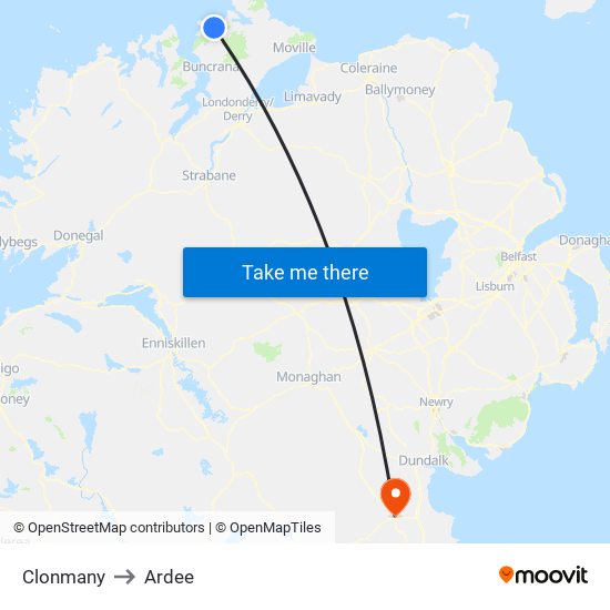 Clonmany to Ardee map