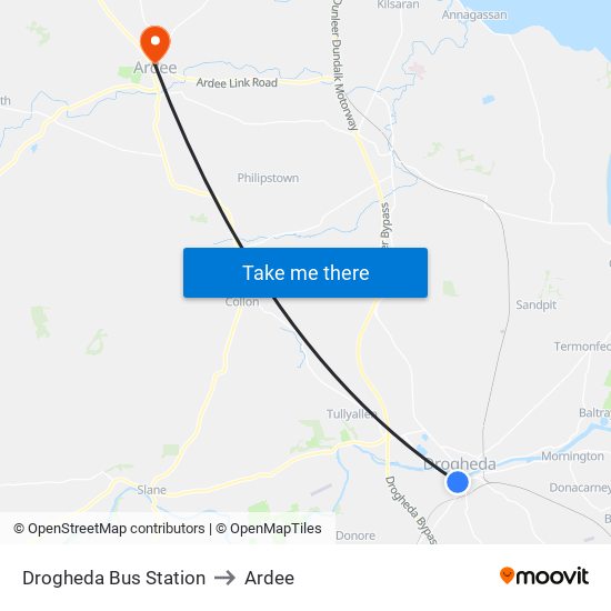 Drogheda Bus Station to Ardee map