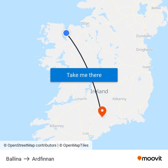 Ballina to Ardfinnan map