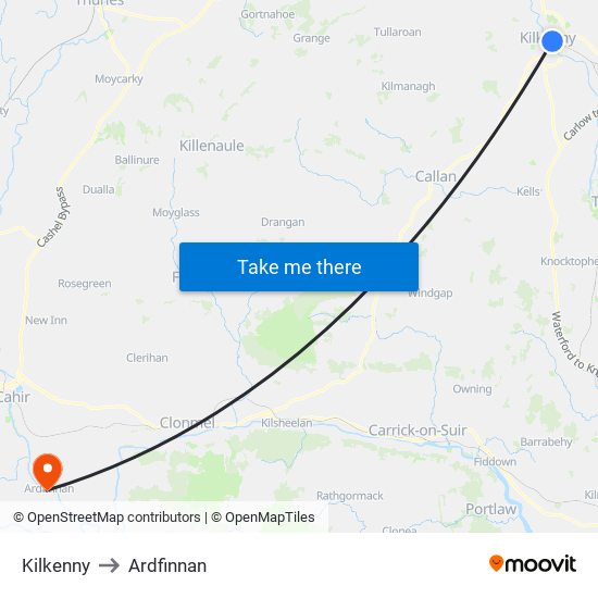 Kilkenny to Ardfinnan map