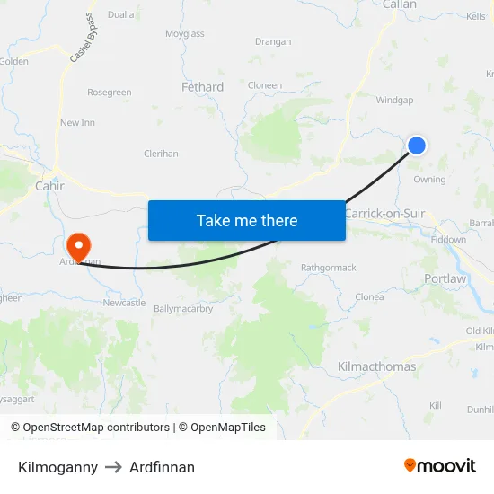 Kilmoganny to Ardfinnan map