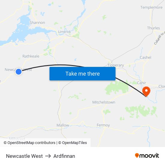 Newcastle West to Ardfinnan map