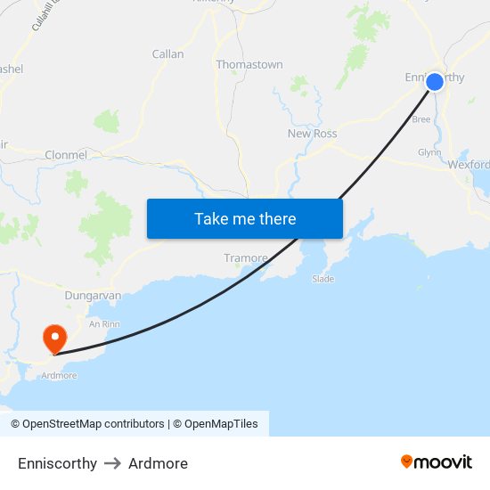 Enniscorthy to Ardmore map