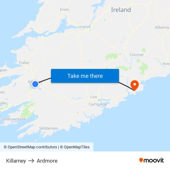 Killarney to Ardmore map