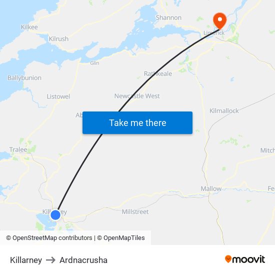 Killarney to Ardnacrusha map