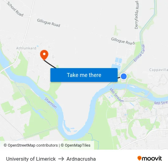 University of Limerick to Ardnacrusha map
