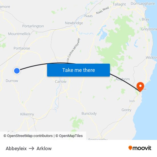 Abbeyleix to Arklow map