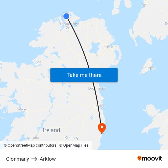Clonmany to Arklow map