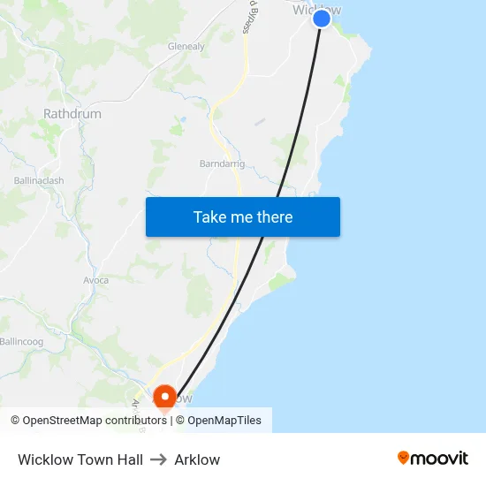 Wicklow Town Hall to Arklow map