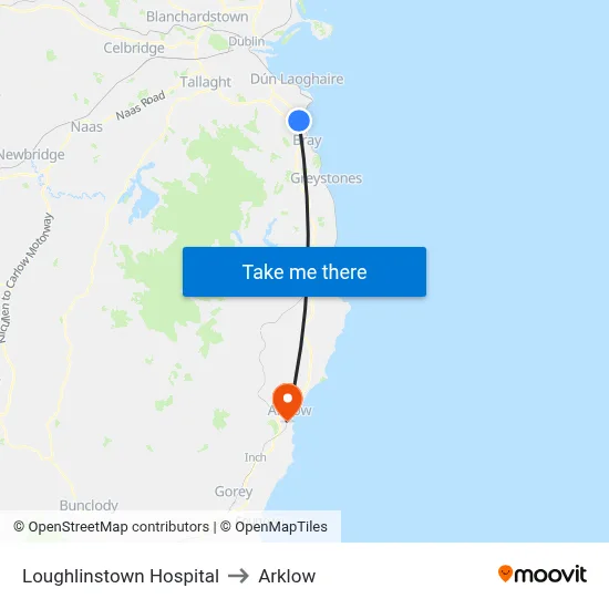 Loughlinstown Hospital to Arklow map