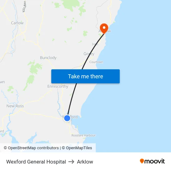 Wexford General Hospital to Arklow map
