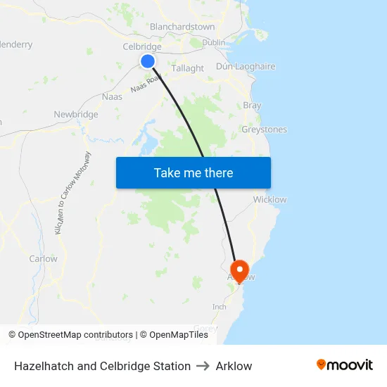 Hazelhatch and Celbridge Station to Arklow map