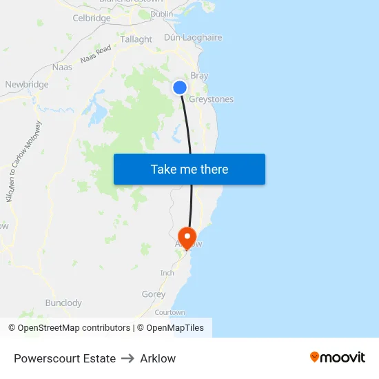 Powerscourt Estate to Arklow map