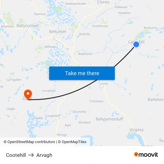 Cootehill to Arvagh map