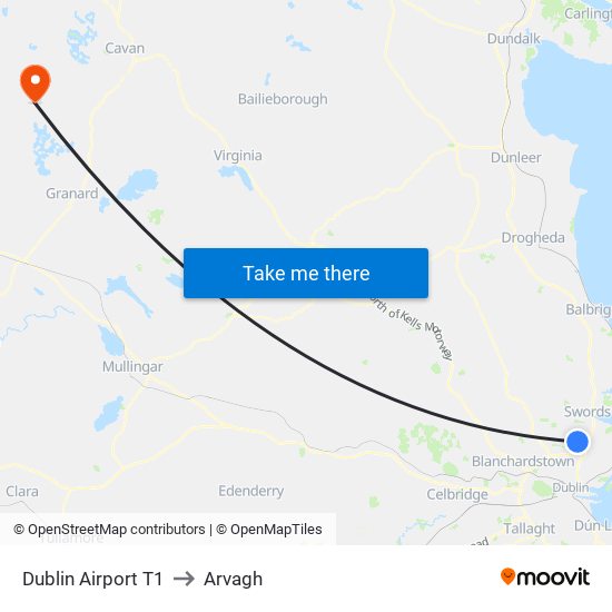 Dublin Airport T1 to Arvagh map