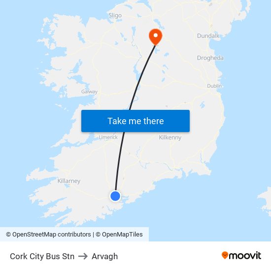 Cork City Bus Stn to Arvagh map