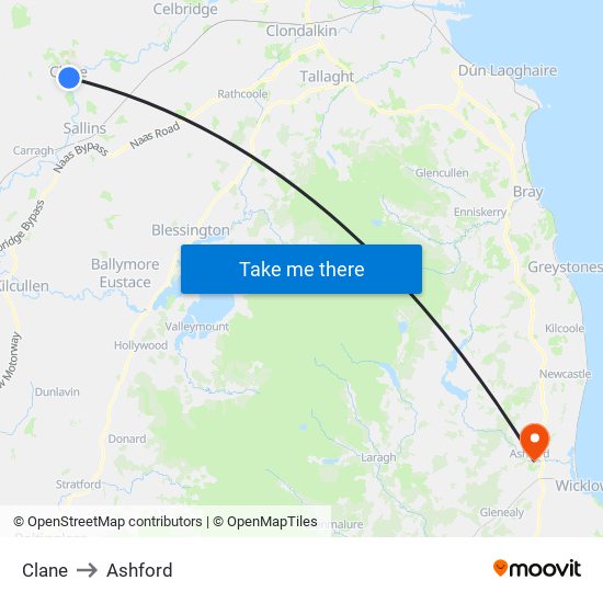 Clane to Ashford map