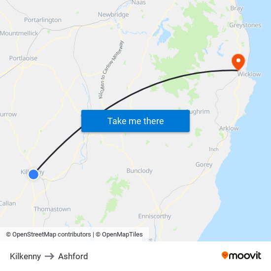 Kilkenny to Ashford map