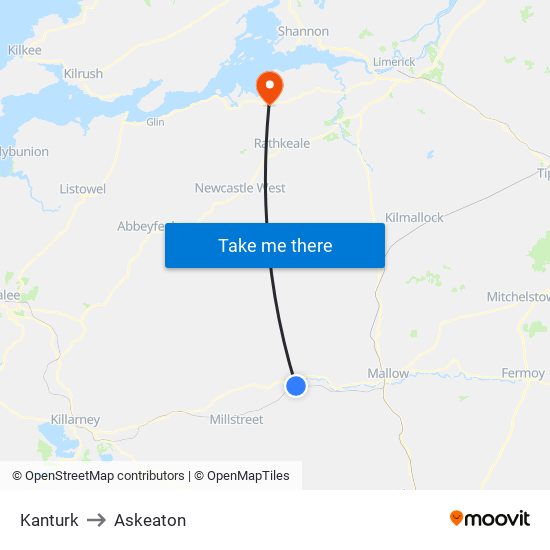 Kanturk to Askeaton map