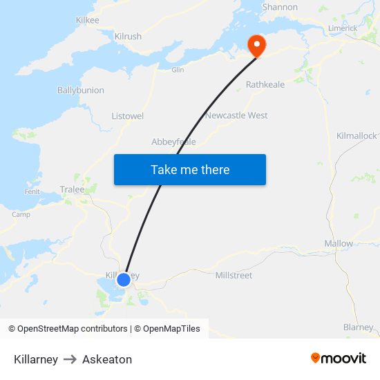 Killarney to Askeaton map