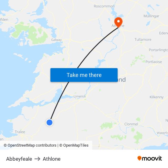 Abbeyfeale to Athlone map