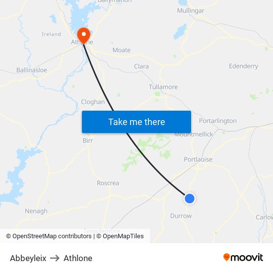 Abbeyleix to Athlone map