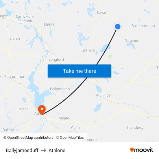 Ballyjamesduff to Athlone map