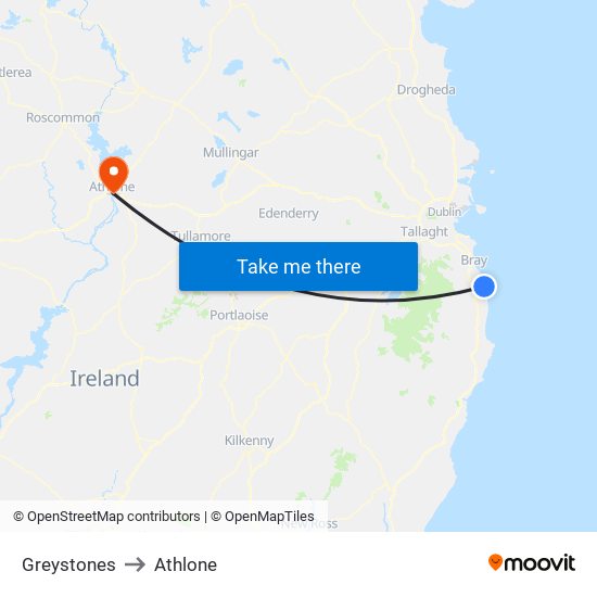 Greystones to Athlone map