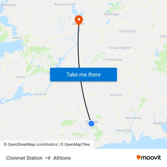 Clonmel Station to Athlone map