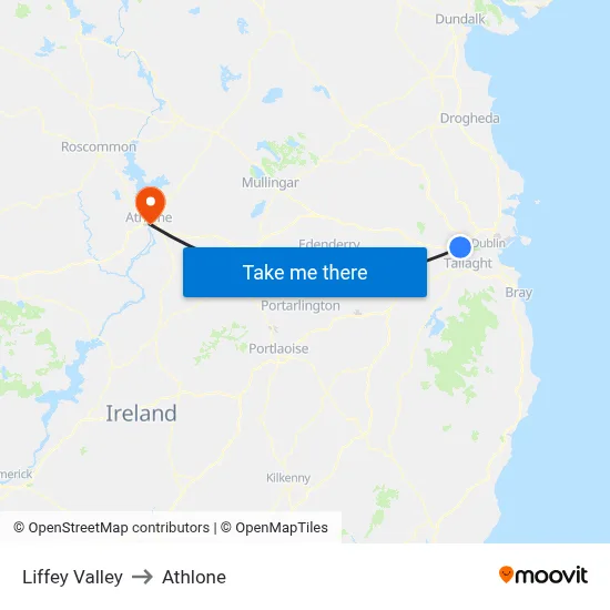 Liffey Valley to Athlone map