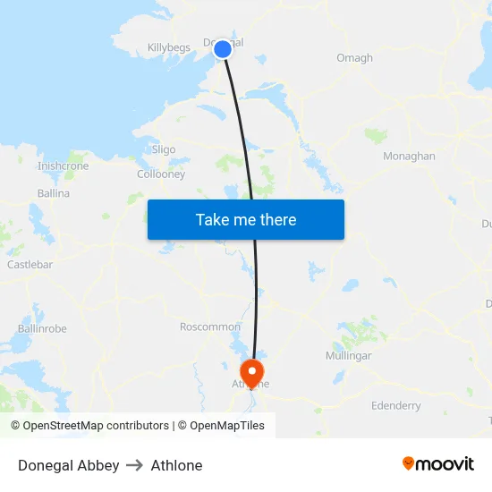 Donegal Abbey to Athlone map