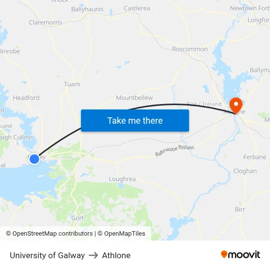 University of Galway to Athlone map
