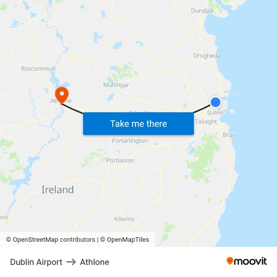 Dublin Airport to Athlone map