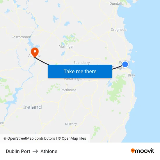 Dublin Port to Athlone map