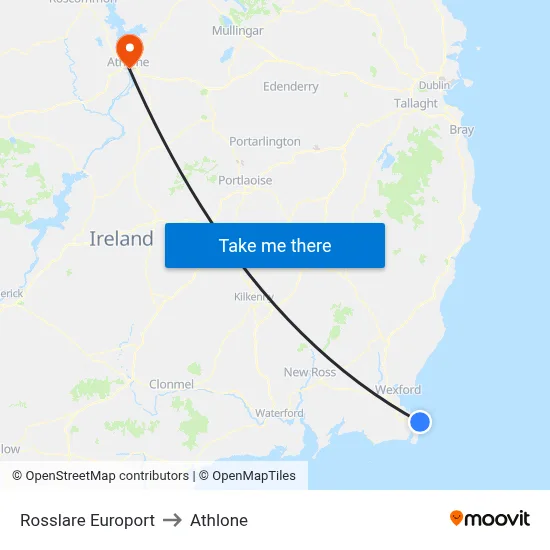 Rosslare Europort to Athlone map