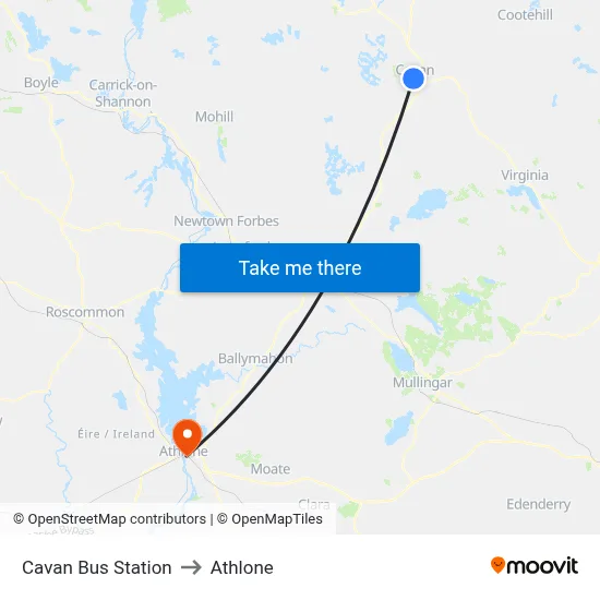 Cavan Bus Station to Athlone map