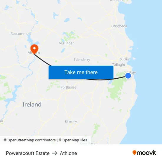 Powerscourt Estate to Athlone map