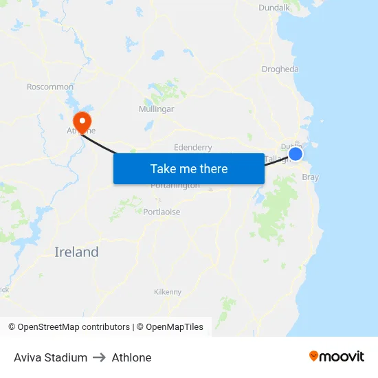 Aviva Stadium to Athlone map