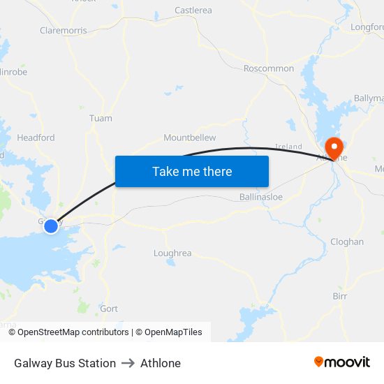 Galway Bus Station to Athlone map